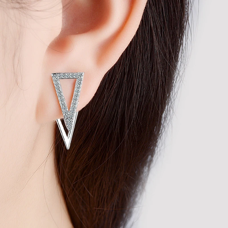 New Double Layer Long Triangle Rhinestone Stud Earrings 925 Sterling Silver AAA Zircon Dual Use Ear Stud Women Fashion Jewelry