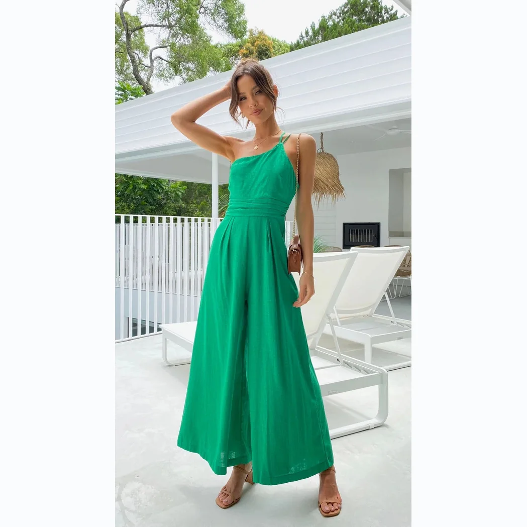 

Loose Wide Leg Cotton Lin Romper Pure Color Spring Summer New Style Women's Cross-Border Clothing Straight Tube Pants