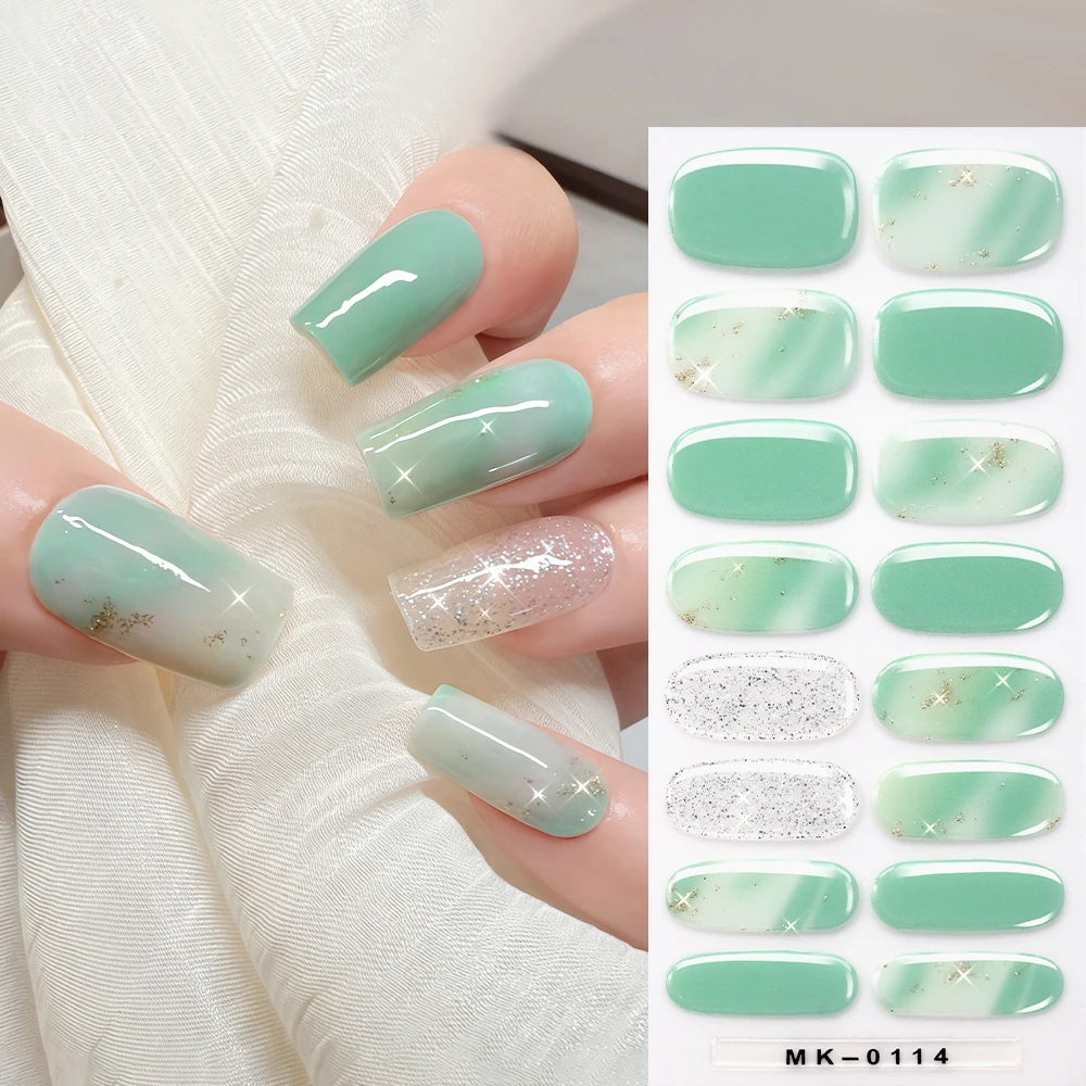 

16Tips Mint Green Baking-free Gel Nail Stickers No-Bake Self-Adhesive Nails Wraps for Summer Manicure & Daily Press-On Decals nk