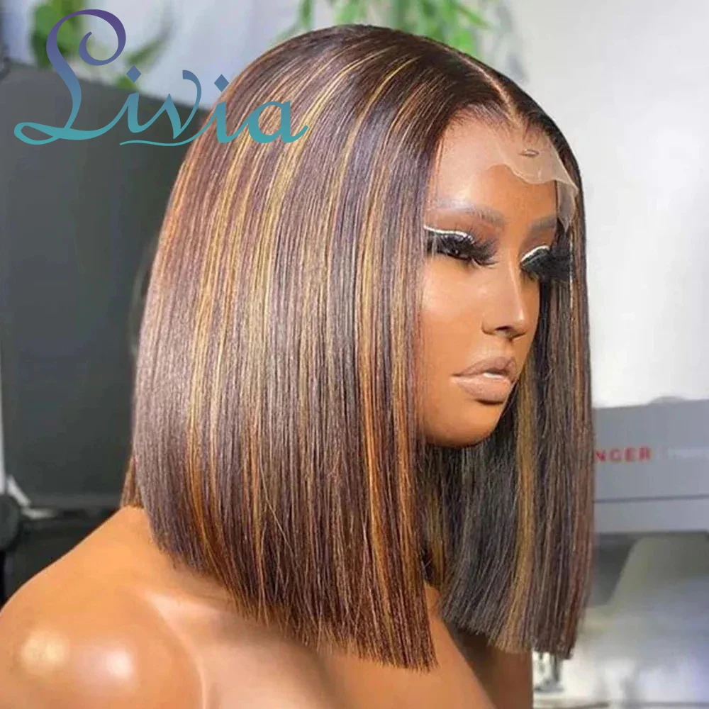 

Highlight 4/27 Straight Short Bob Wigs Human Hair 200% Density Transparent Lace Frontal Wig Ombre 13x4 Lace Front Human Hair Wig