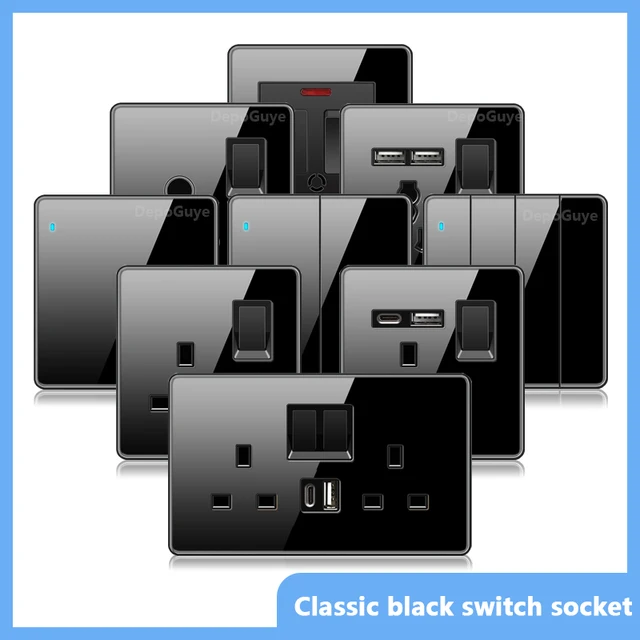 Czarny UK 18W Gniazdo szybkiego ładowania typu C Uniwersalne podwójne 3-pinowe gniazdo zasilania USB, 220V Elektryczne oświetlenie ścienne LED 2-drożny przełącznik TV TEL