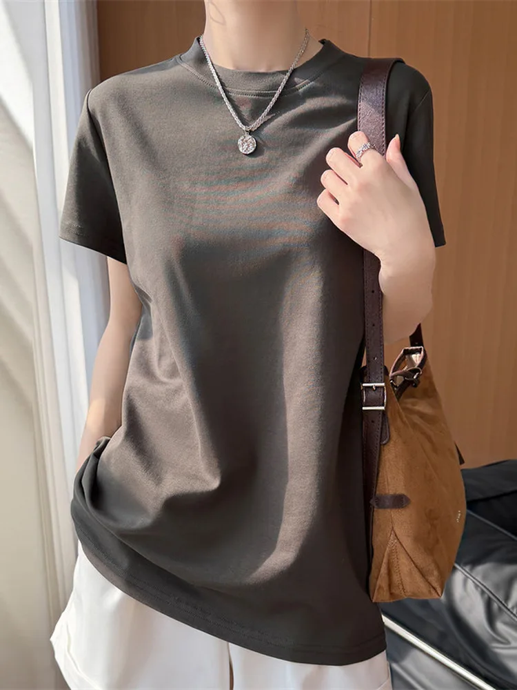 Minimalist Pure Cotton Women's T-shirt Spring Summer New Style Short Sleeve Mid-Length Loose Butt Covering Versatile Top
