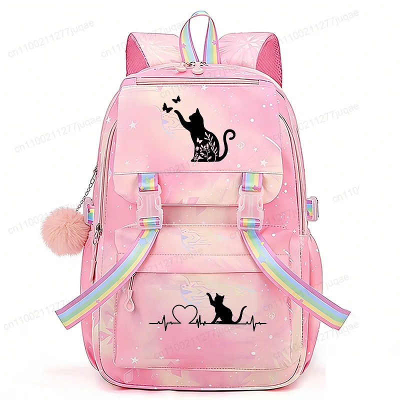 

School Backpack Black Cat Anime Cute Kawaii Rucksack for Girls Boys Casual School Backpack Bag Cat Heartbeat Children Schoolbag