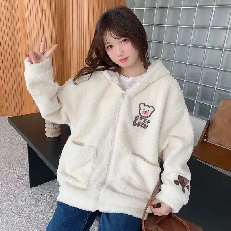 

Kawaii Fleece Faux Fur Long Sleeve Hooded Teddy Bear Ears Soft Hoodies White Autumn Winter Women Green Beige Zip-up Sweatshirt