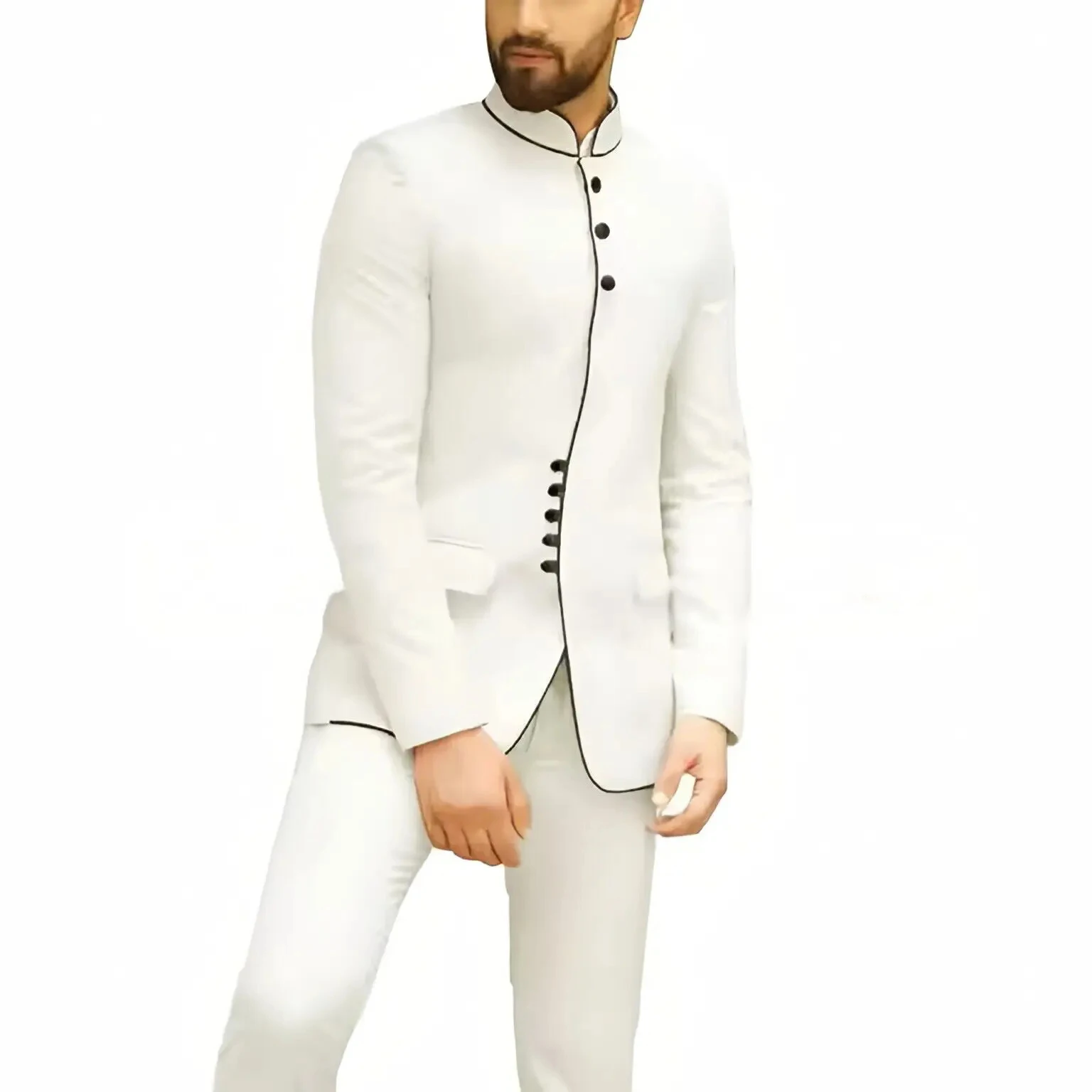 

Men's white suit 2-piece jacket pants set black edging stand up collar Arabic African style daily outfit for wedding party