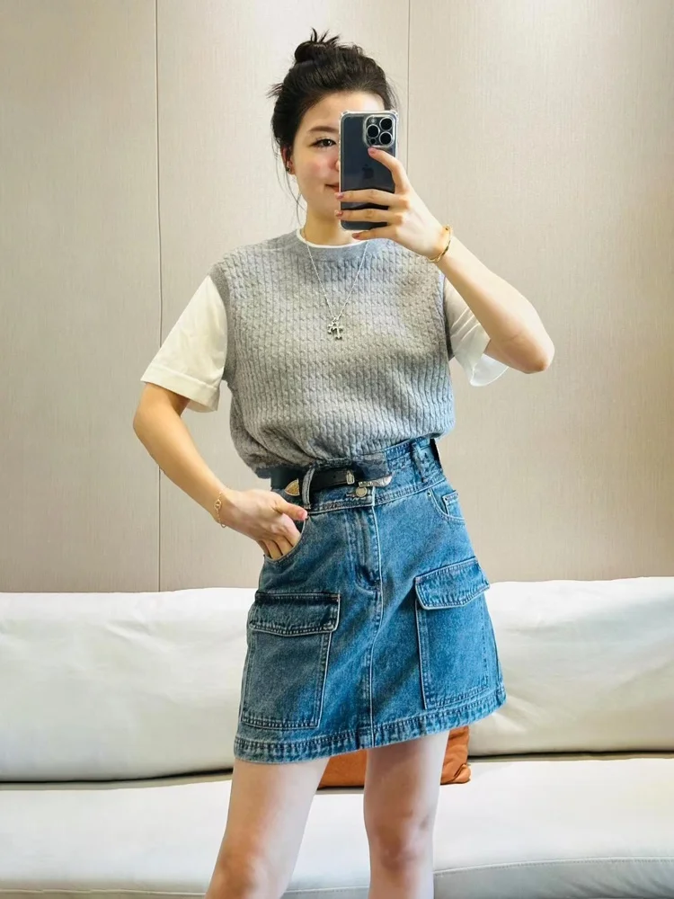 

Retro Waed Denim Skirt Women's Commute Workwear kets High Waist Ele Midi Skirt Summer New Sle A-Line Simple Cotton...