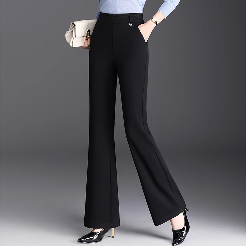 

High Waist Flared Pants Women's Extended Length Bla Suit Casual Long Trousers Polyester Fiber Straight Leg Pants