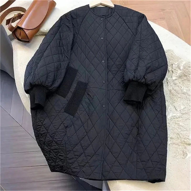 Literary Diamond-Shaped Padded Jacket Women\'s Mid-length 2023 Winter Casual Warm Quilted Thickened Baseball Collar Padded Jacket