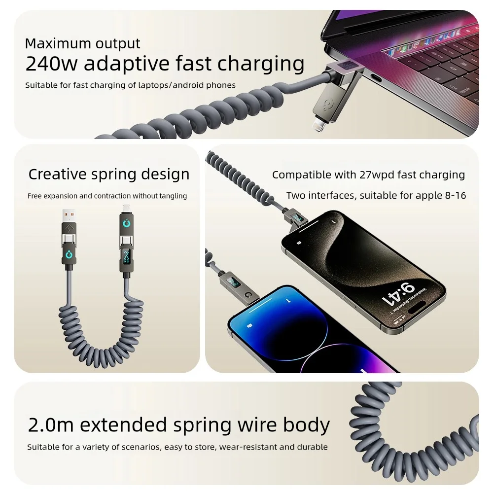 

Retractable 4-in-1 USB Cable with Digital Power Monitor, 240W 2m Fast Charging Spring Cord, Anti-Tangle Design for Multiple