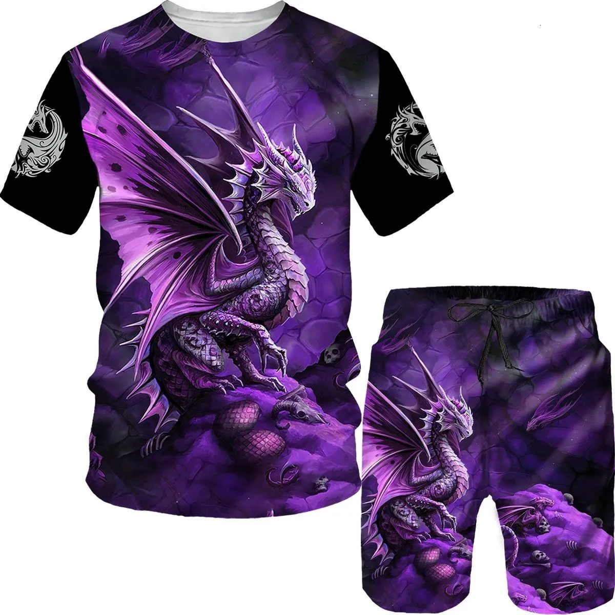 2024 New Men\'s T-shirt Shorts Tracksuits Set 3D-Printed Vintage Dragon Print Streetwear T-shirt Two-Piece Summer Set