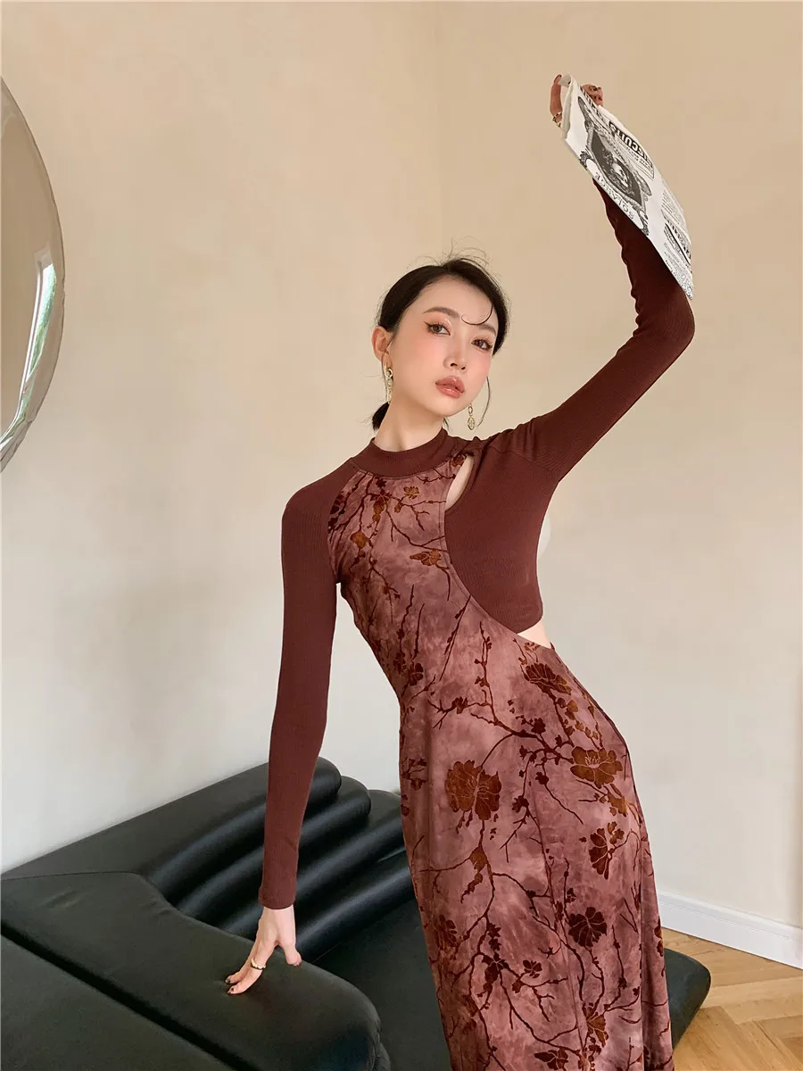 CHEERART Flocking Vintage Bodycon Long Dresses For Women 2023 Brown Long Sleeve A Line Evening Midi Ladies New In Dresses