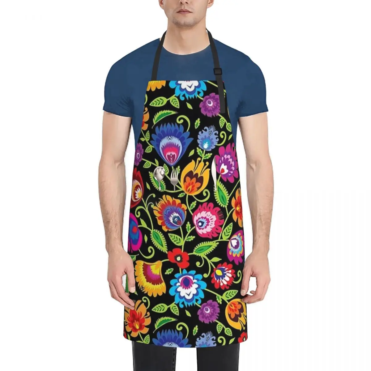 

Vibrant Folklore Flowers On Black Waterproof Kitchen Apron For Women/Men With Pockets Work Restaurant Shop Waiter Work Uniform