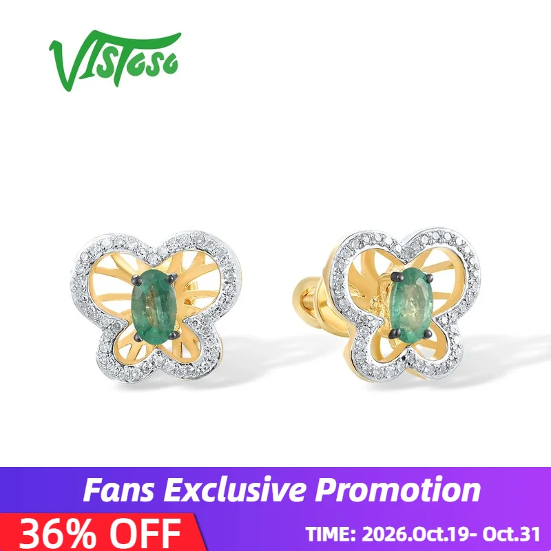 VISTOSO Gold Screw Stud Earrings For Women Genuine 14K 585 Yellow Gold Diamonds Green Emerald Elegant Fashion Cute Fine Jewelry