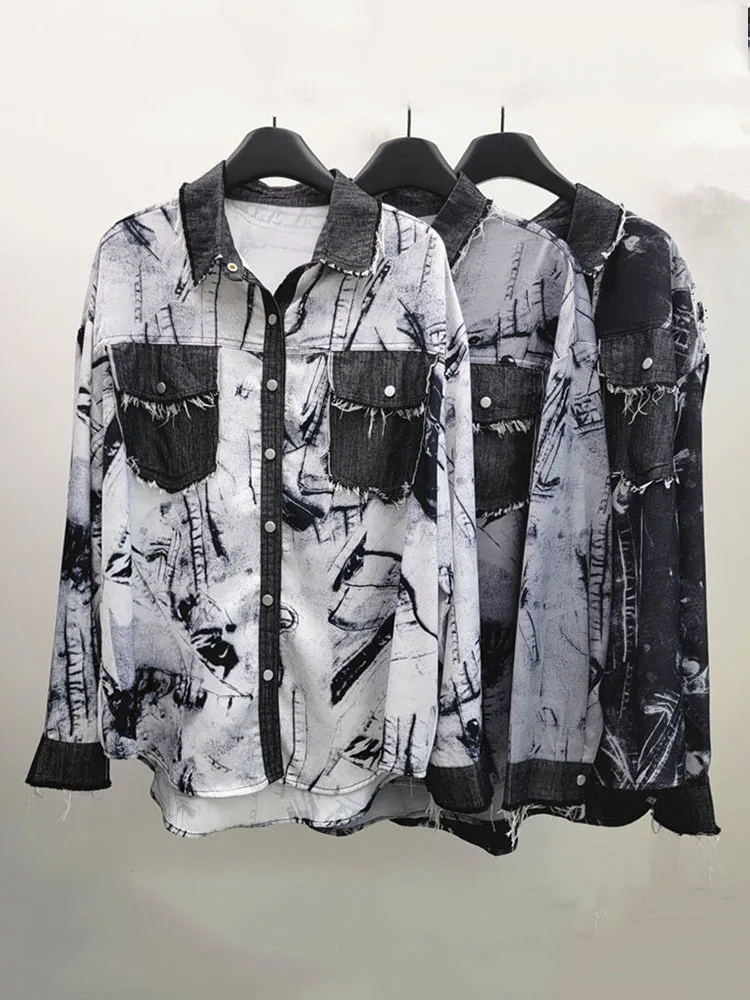 DEAT Trendy New Women\'s Tie Dye Patchwork Denim Design Shirts 2024 Autumn Fashion Lapel Long Sleeve Blouse Female 11A0655