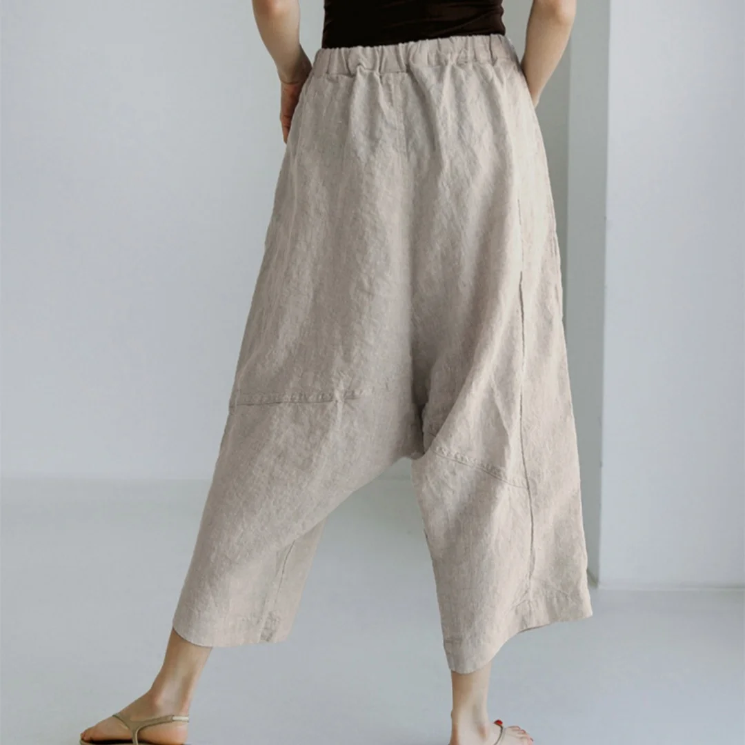 Causal Harajuku Cotton Linen Wide Leg Pants Elastic Waist Loose Skinny Soild Pants Women Clothes Pocket Long Trousers Daily Wear