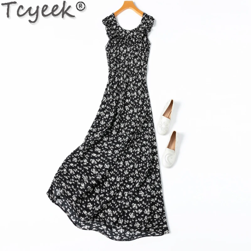 

Tcyeek 100% Mulberry Silk Elegant Womens Dresses Maxi Dresses for Women Clothes 2024 Summer Beach Dress Sleeveless Vestido Mujer