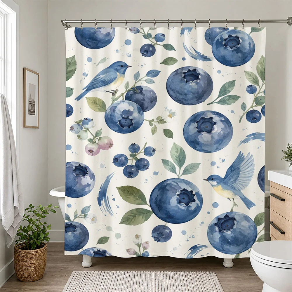 Watercolor Blueberry Floral Shower Curtain Bathroom Decor Blue Berry Botanical Print Shower Curtain Liner