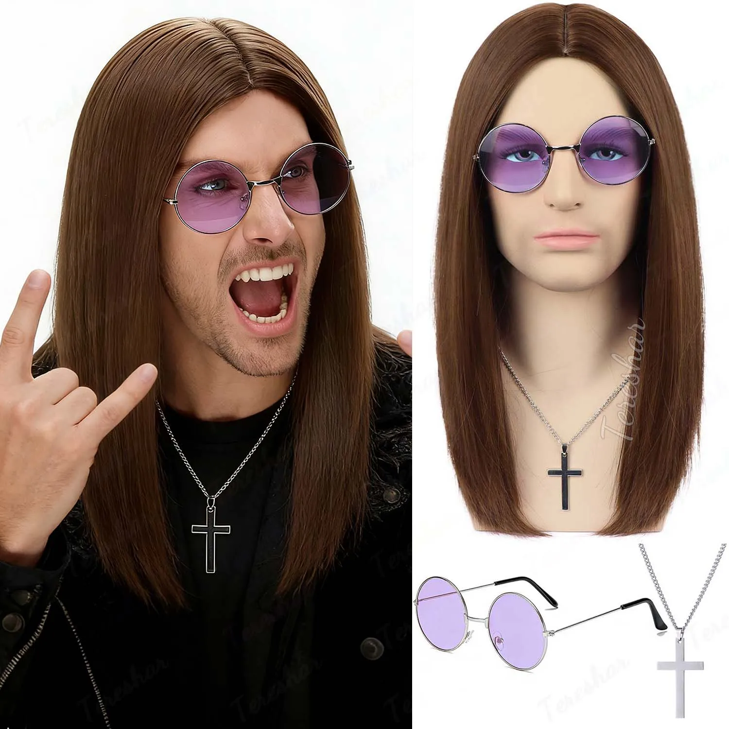 

Synthetic Long Brown|Black Straight 80s Heavy Metal Rocker Wig for Men Including Cross Necklace and Glasses, Ozzy Osbourne Wig