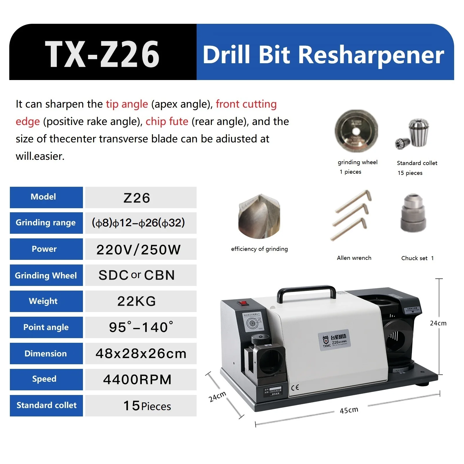 TXZZ TX-Z26 الحفر مبراة طاحونة CBN طحن عجلة المحمولة مثقاب الخشب ماكينة الطحن بجودة عالية