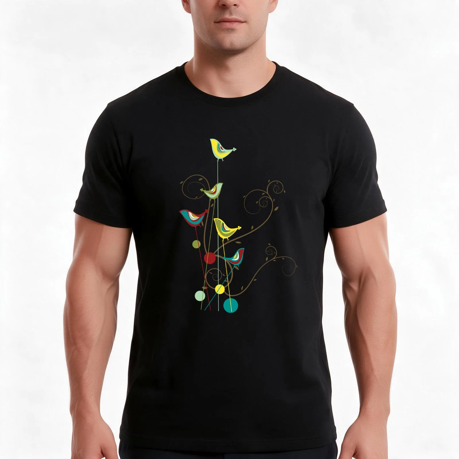 Colorful Whimsical Summer Red Teal and Yellow Birds with Swirls ? fatfatin T-Shirt Summer Casual Cotton Tee Unisex Men Women