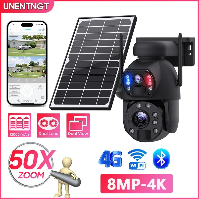 

UNENTNGT 4G Security Solar Camera 50X Optical Zoom PTZ Dual Lens PIR Detection CCTV WiFi IP Surveillance Monitor Waterproof