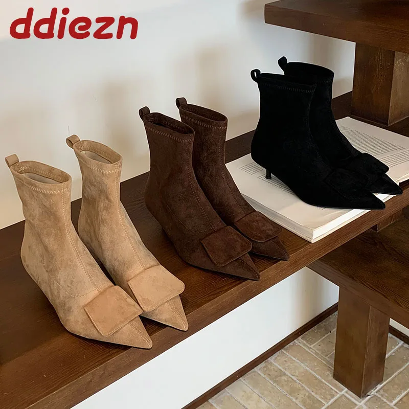 

Модные эластичные женские ботильоны, женская обувь на низком каблуке, женские короткие ботинки без шнуровки с острым носком, зимняя обувь