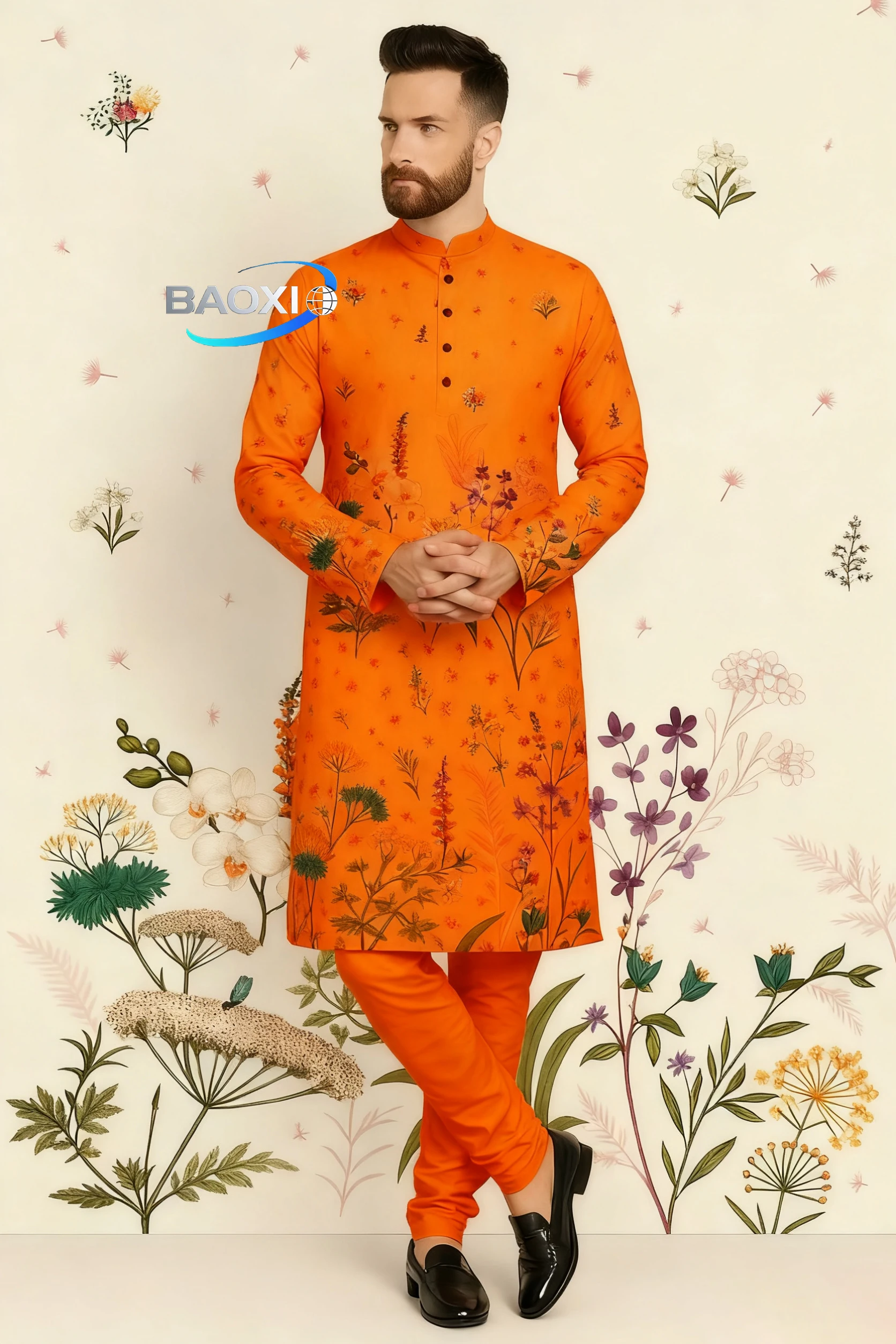2025 men's printed kurta vardha fashionable and comfortable long robe with a fitted collar suitable for all occasions,