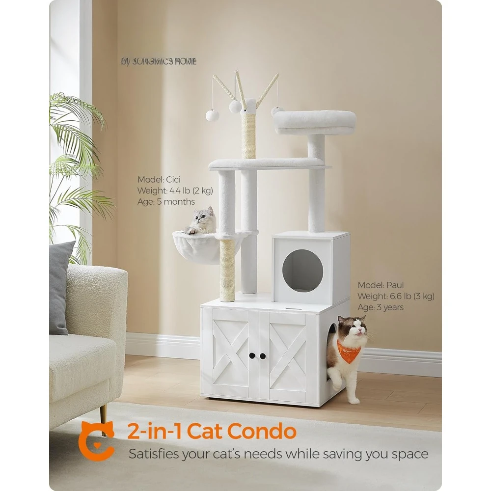 Cat Tree with Litter Box Enclosure, 2-in-1 Modern Cat Tower, 55.1-Inch Cat Condo with Scratching Posts, Removable Pompo