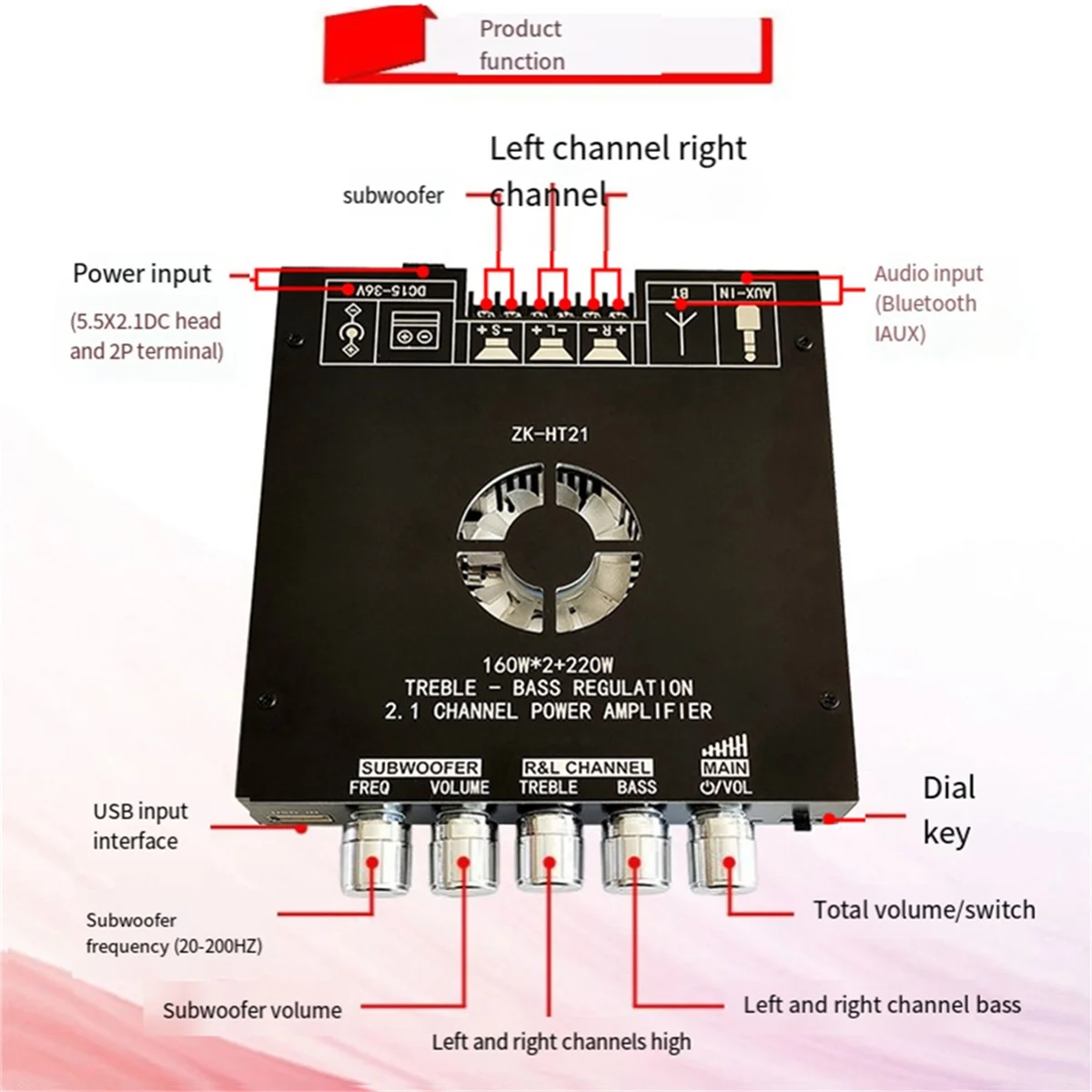 POP-lZK-HT21 2.1 canal de caisson de basses Bluetooth amplificateur de puissance numérique Module de carte caisson de basses tonalité haute et basse