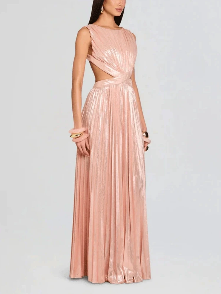 Vestido de noite elegante sem mangas plissado vestido de estampagem a quente com cintura elástica e vestido de saia longa sem costas