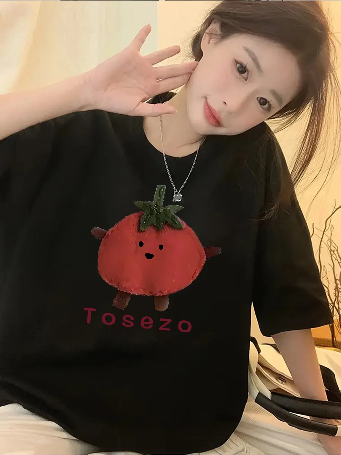 T-shirt Women's Short Sleeved Niche Design Personalized Doll Tomato Print Summer New Half Sleeved Student Slimming Top Women