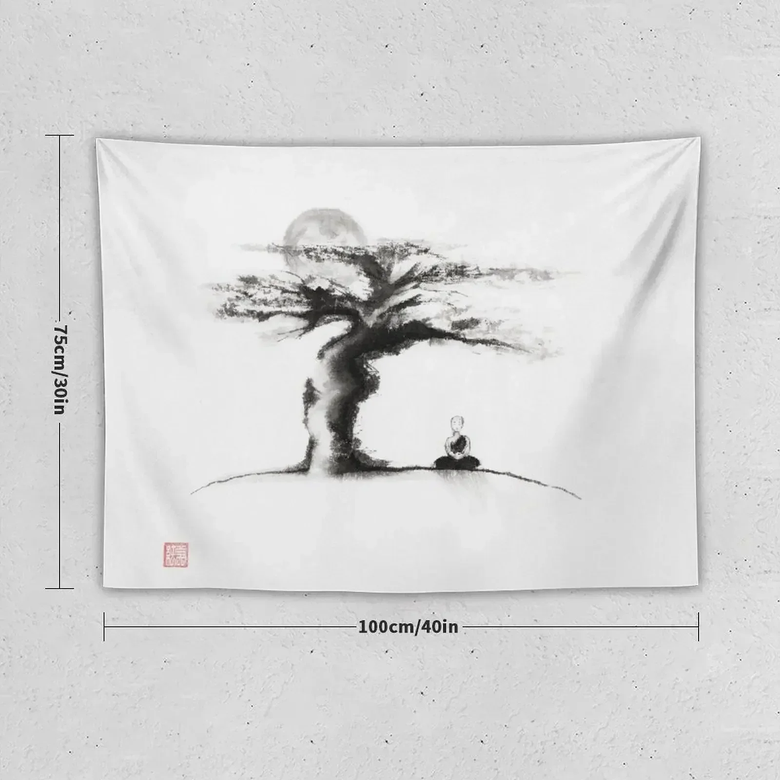 A monk meditating under an old tree in the moonlight Japanese Zen Sumi-e painting art print Tapestry Wall Hanging Wall Tapestry