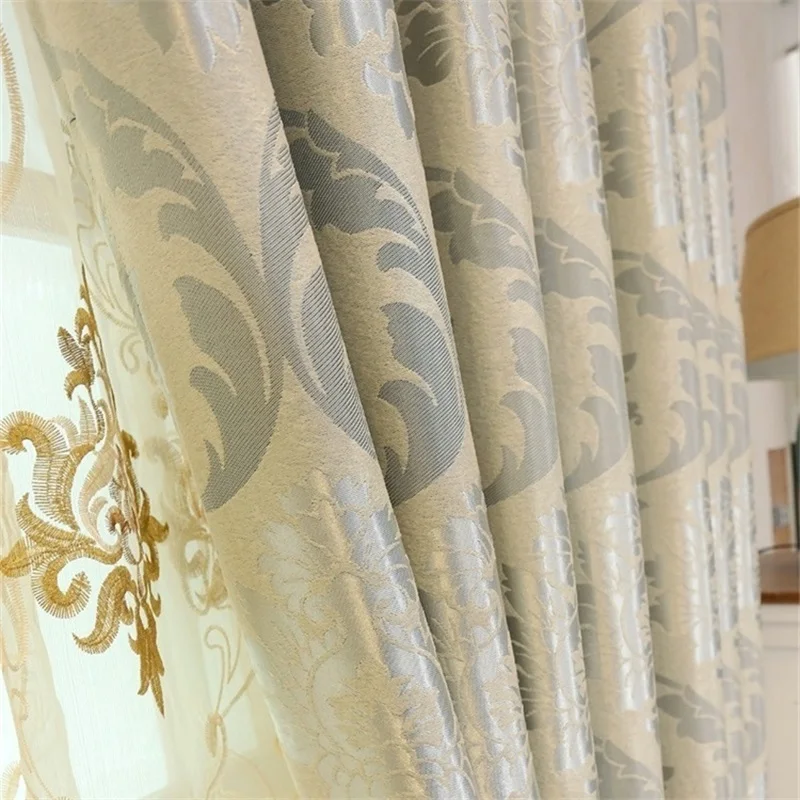 Europäische Luxus-Jacquard-Vorhänge für Wohnzimmer, beige Vorhänge, Fensterpaneel, Stoffvorhang für Schlafzimmer, Schattierung, 80 % individuell