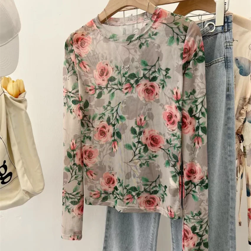 2025 Vintage Women Long Sleeve Print Rose Blouse Sweety Lady Hollow Out Mesh Blousas Party Shirt Pullovers Fairy Bottomings 2436