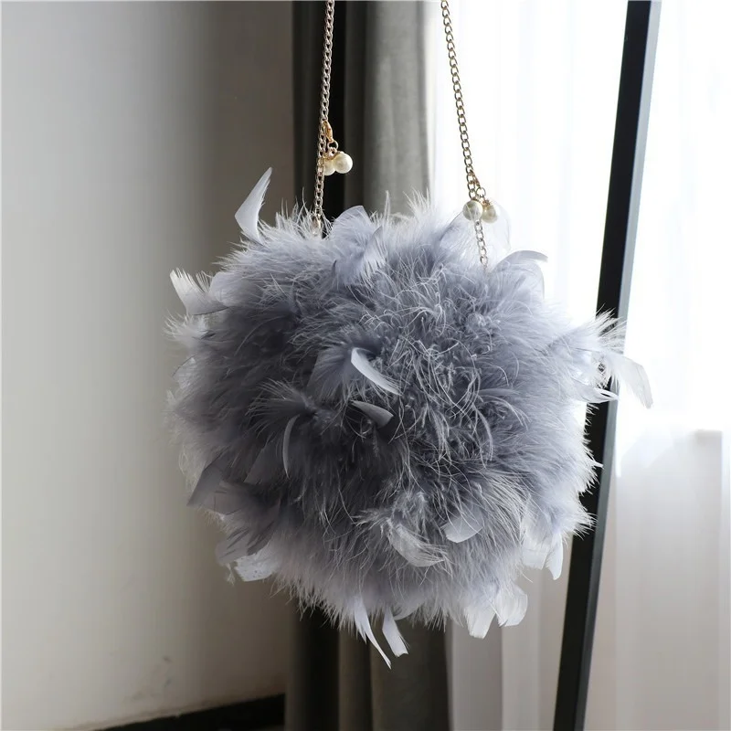 Feather Handbag for Women Luxury Circular Bag Small Chain Shoulder Crossbody Bags for Women Evening Party Plush Clutch Bags