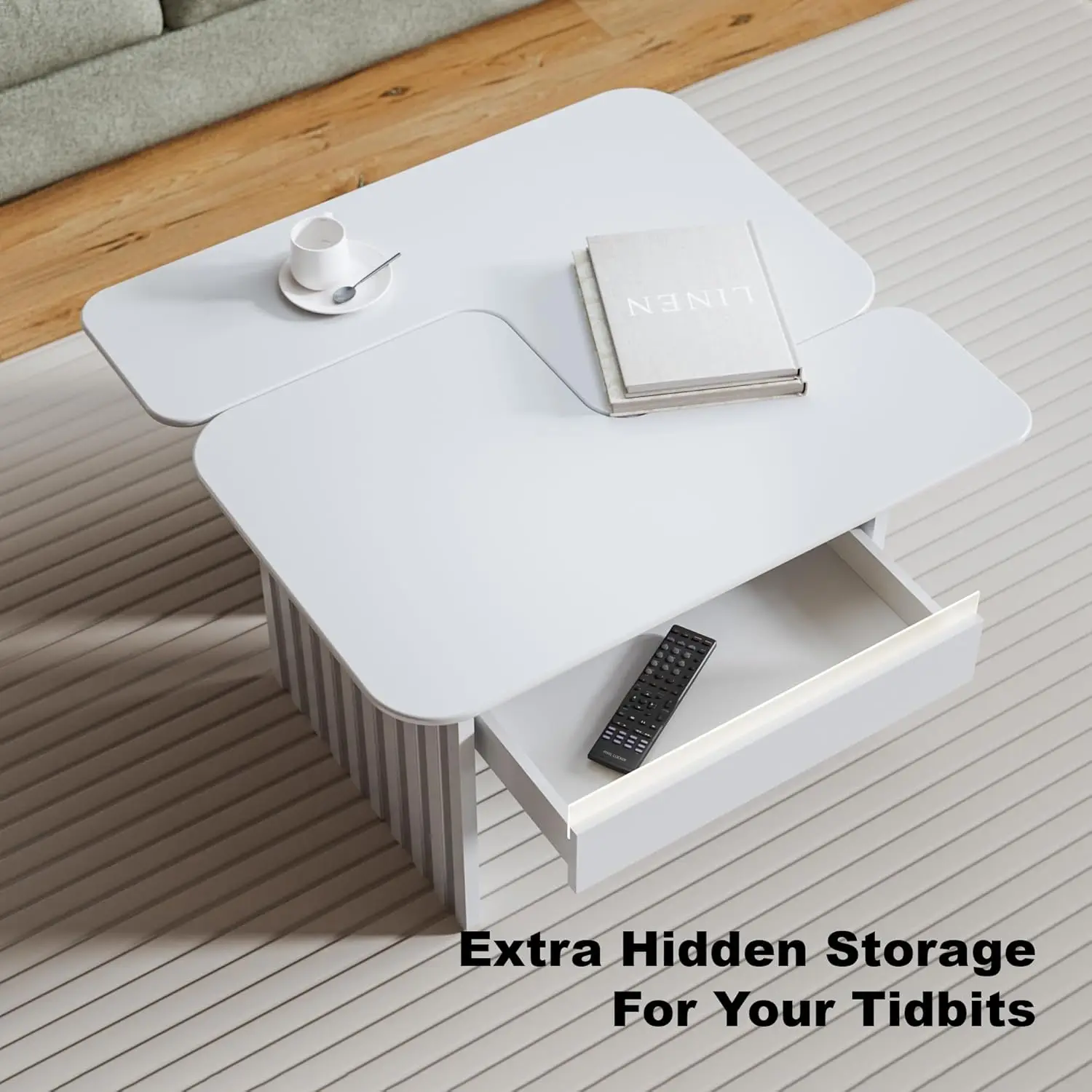 مجموعة طاولات القهوة الحديثة المكونة من قطعتين - خشب هندسي أبيض مع درج تخزين، نمط شريطي عمودي \u0026 زوايا مستديرة #6