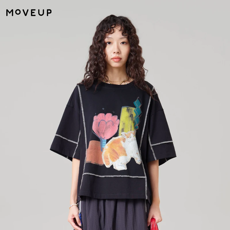 MOVEUP Short Sleeved Round Neck T-Shirt 2026 Summer New Contrast Color Cartoon Print Commuting Loose Top For Women 3ELX10543