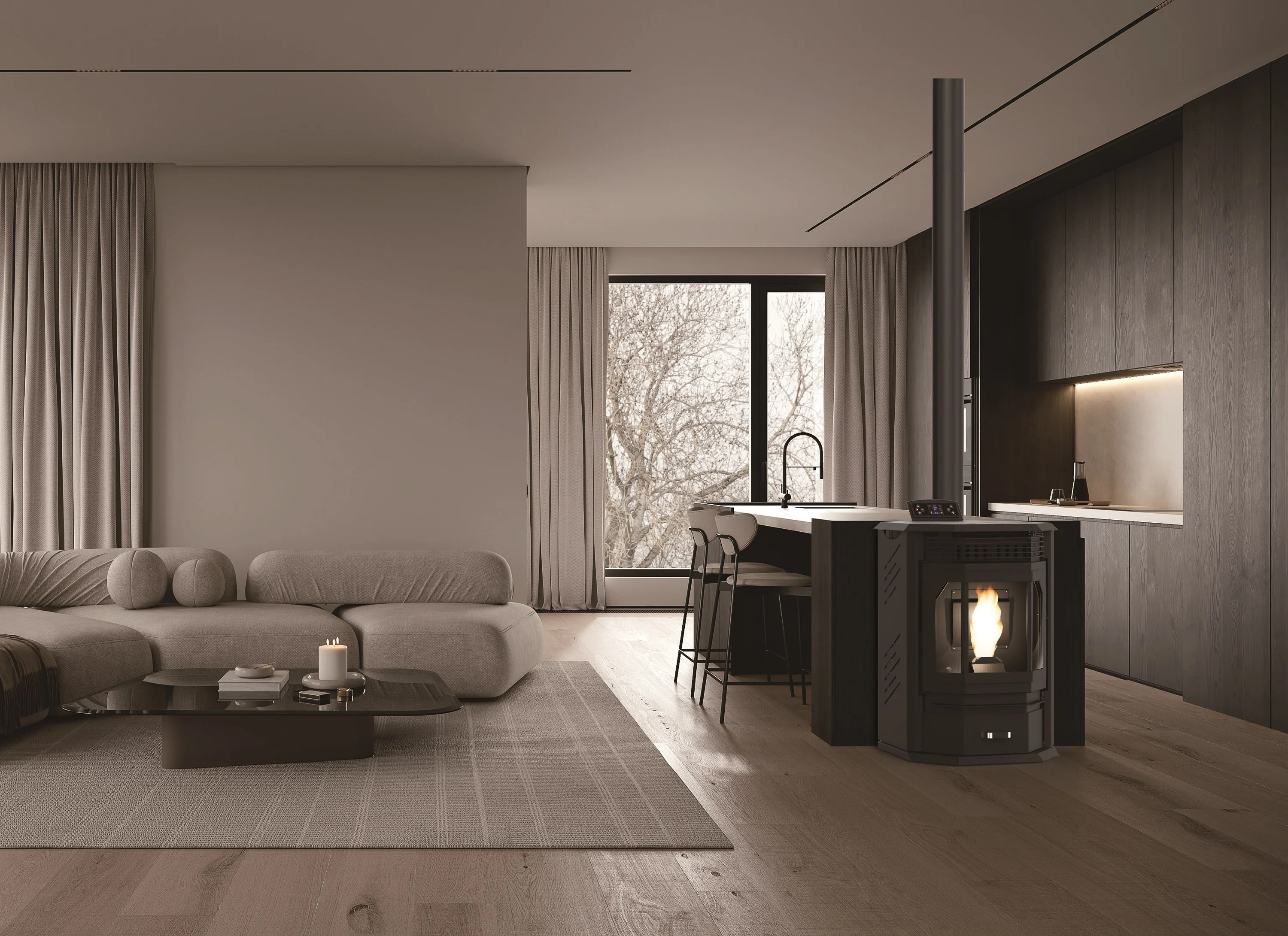 12KW Automatic Indoor Electric Pellet Stove Heater WiFi Enabled Steel 1076-sqft Heating Area for Houses Villas Smokefree