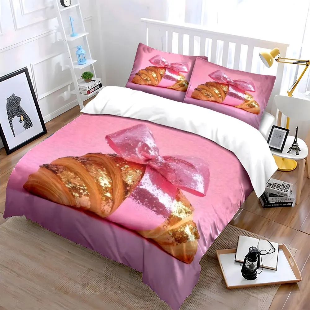 Croissant Bedding Set, Glitter Croissant with Pink Bow Print Duvet Cover + 2 Pillowcases, Funny Food Decor 3Pcs