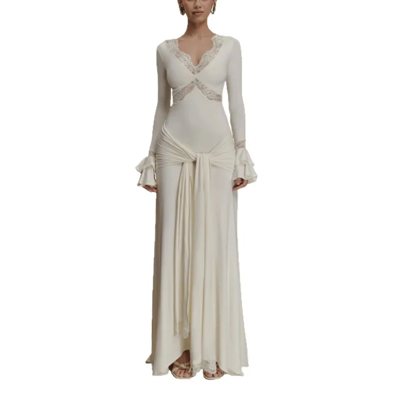 Robe en dentelle à manches longues pour femmes, européenne et américaine, manches en corne, streamer, tempérament, slim, nouvelle collection