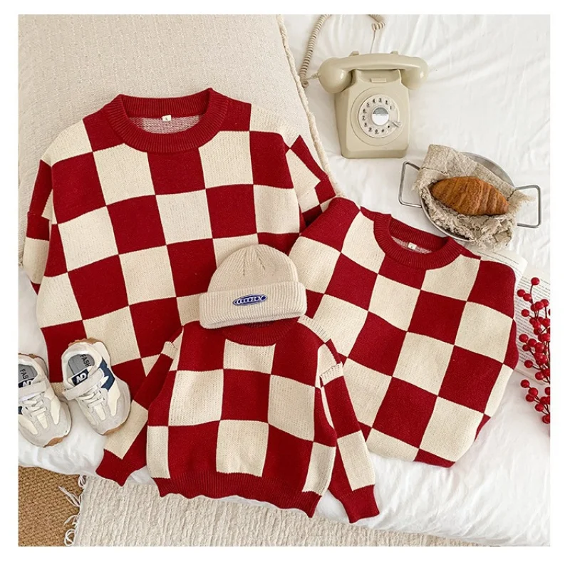 Family of Four Tops Clothing 2025 New Dad Mom Daughter Son Checkerboard Plaid Sweater for Adult Kids Matching Clothes Outfits