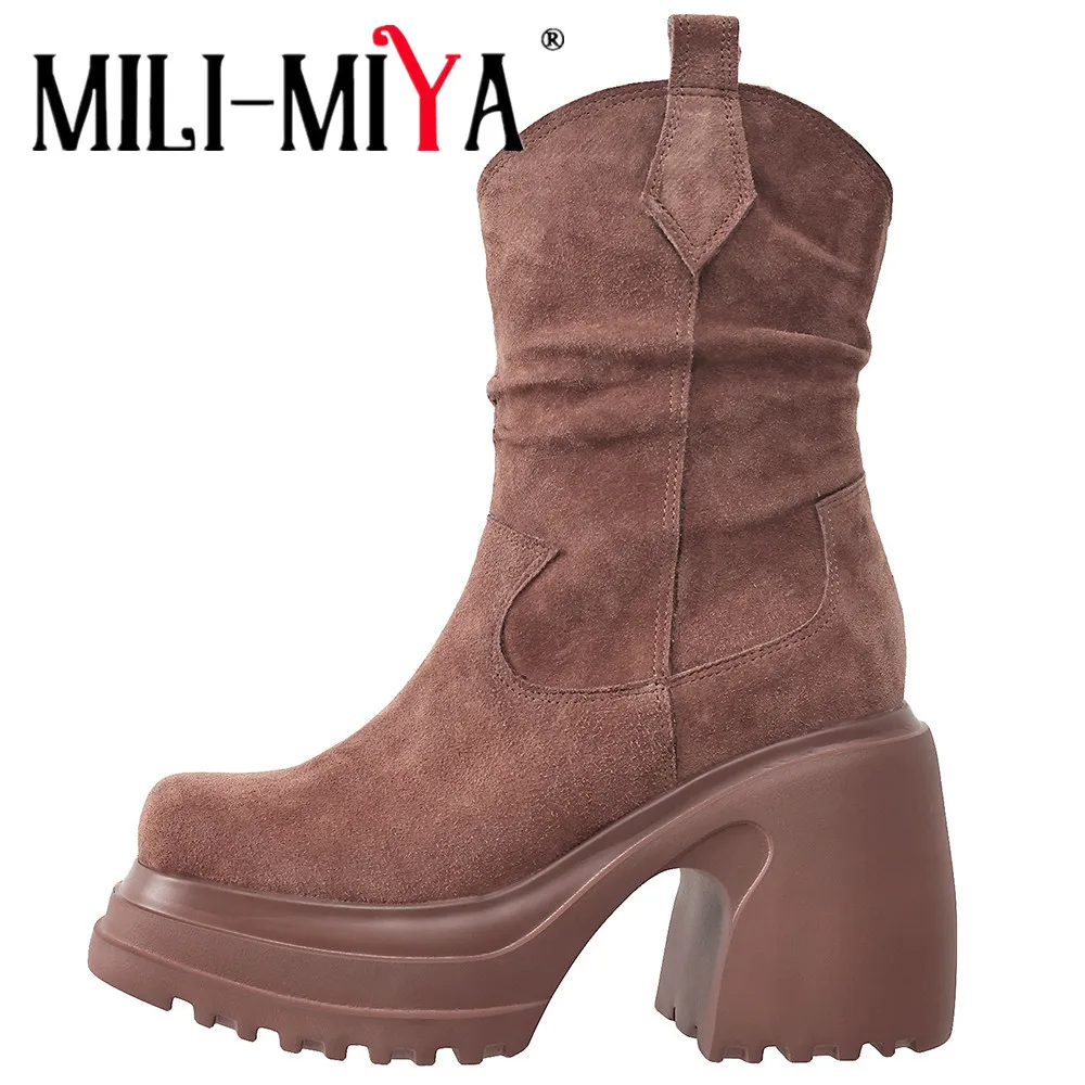 

MILI-MIYA Fashion Super High Thick Heels Women Cow Suede Ankle Boots Solid Color Slip On Platform Square Toe Handmade For Ladies