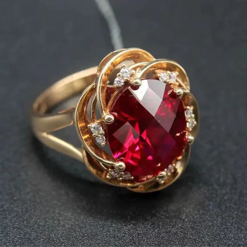 Anillos de rubí con flores con incrustaciones de oro rosa de 14K de oro púrpura 585 para mujer, joyería de compromiso de boda con dije de cristal elegante ajustable