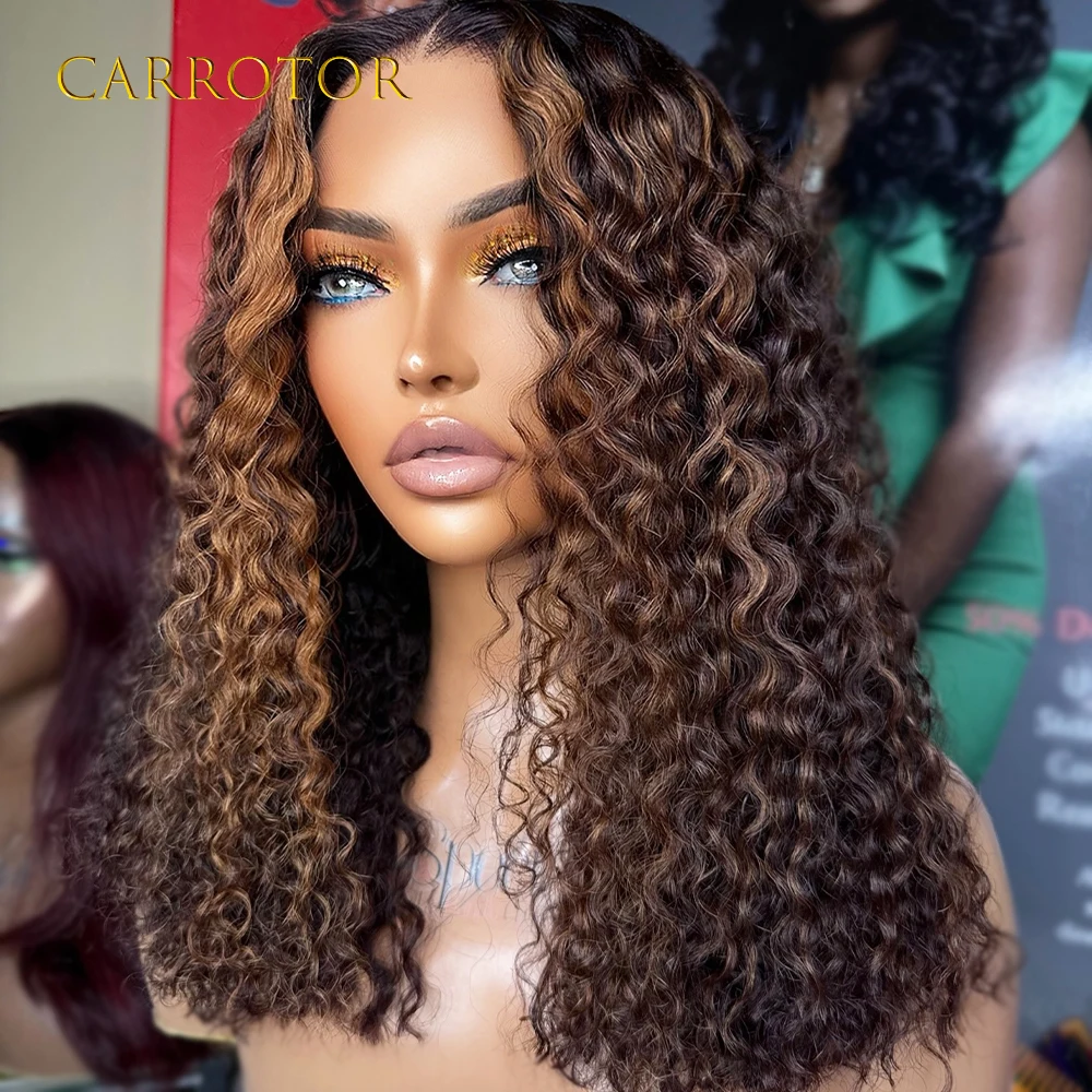 Peruca de Cabelo Humano Cacheado Ombre Castanho Loiro com Renda Transparente Pré-Alongada - usage example