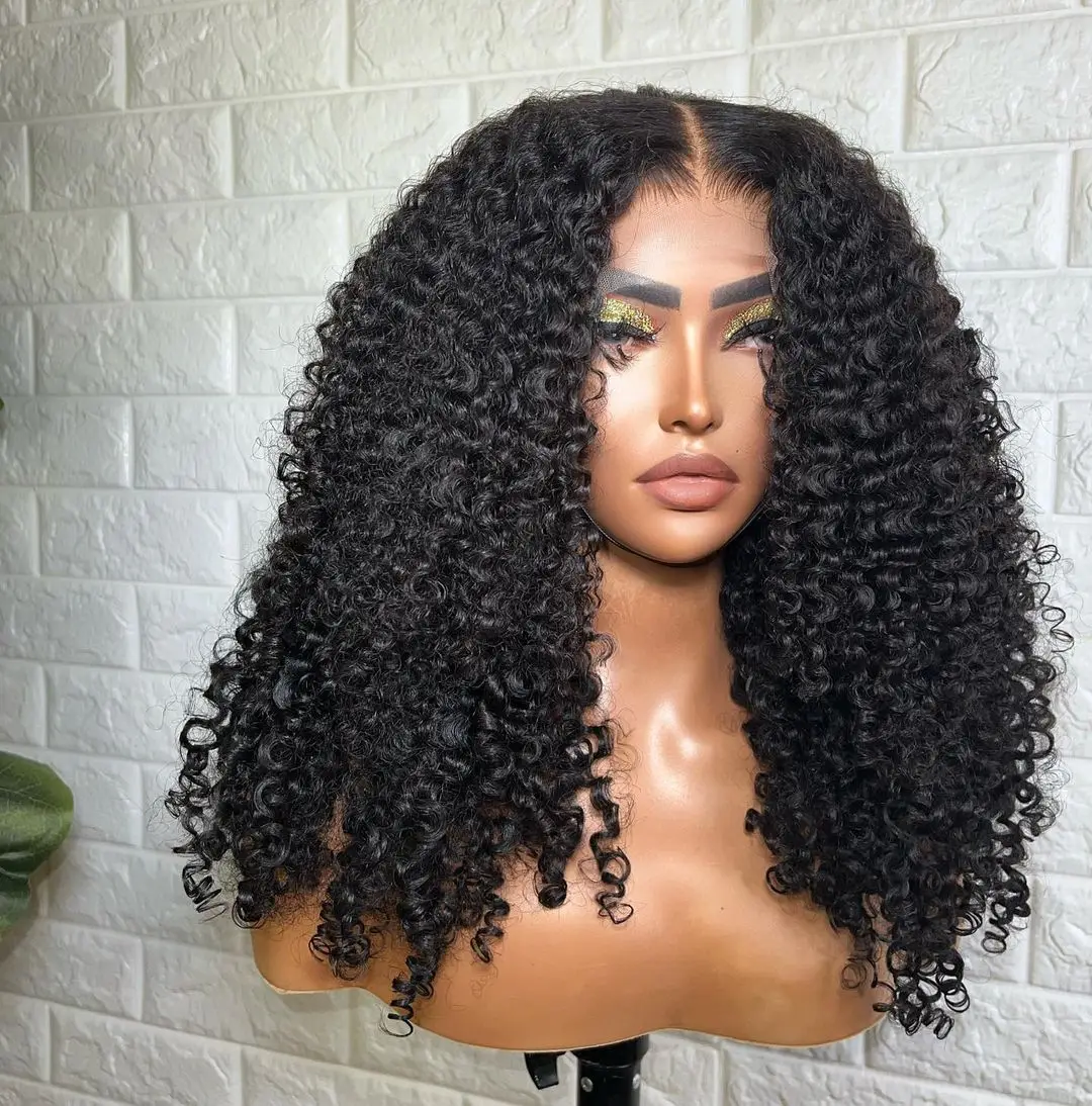 4B 4C Afo Kinky Curly Synthetic Hair Wigs for Women Natural Black Glueless Jerry Curly Long 13x4 Transparent Lace Front Wigs