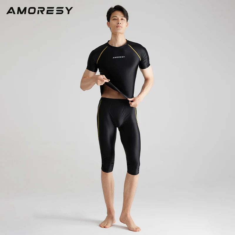 AMORESY Uranus-Serie Sport-Kurzarm-T-Shirt für Herren, elastischer Glanz, Fitness, eng, schnell trocknend, Laufen
