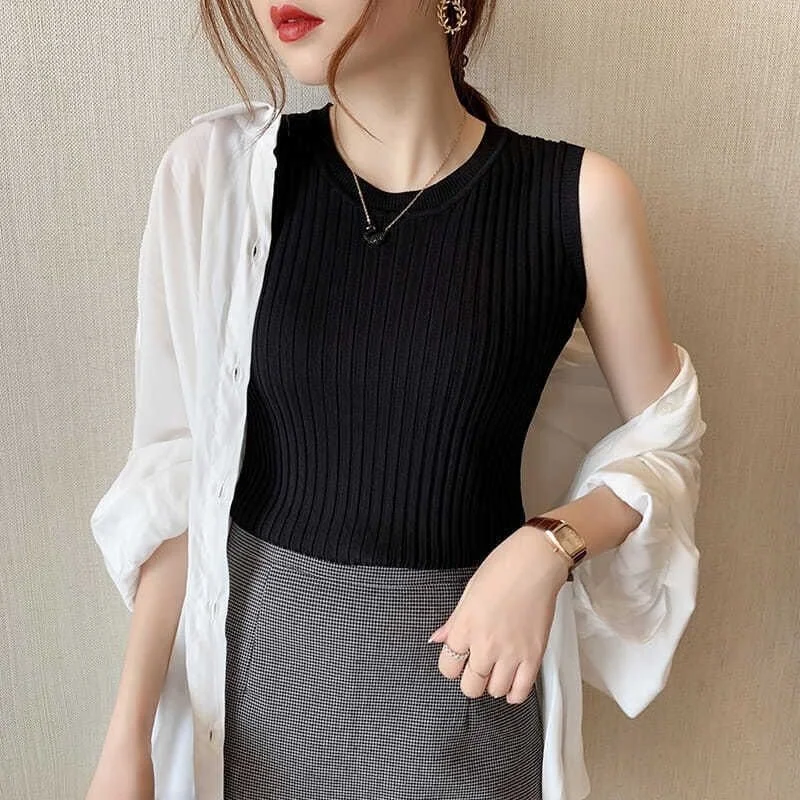 Summer Women's Ice Silk Knitted Vest round Ne Svel Base Layer Slimming Versatile Outerwear  Color Commute Sle