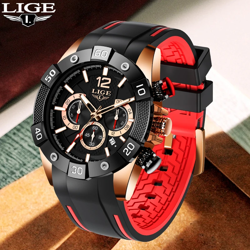 

LIGE Fashion Quartz Man Watch Business Luxury Casual Sports Silicone Strap Waterproof Chronograph Watches for Men Date Clock+Box