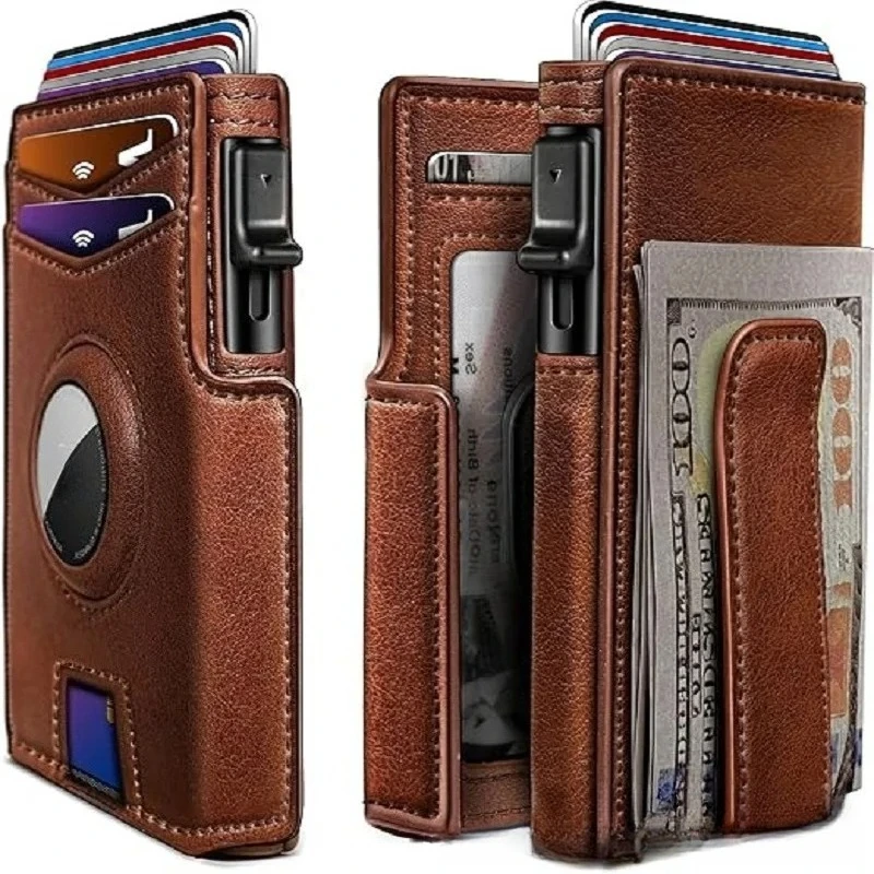 For Men Flip Leather RFID Blocking Purse for Airtag Photo ID Window Mangnetic Closure Push Out Card Card Holder Daily Use