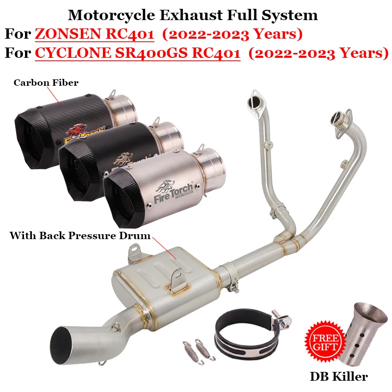 

For CYCLONE SR400GS RC401 Motorcycle Exhaust System With Back Pressure Drum Front Link Pipe DB Killer For ZONSEN RC401 2022 2023